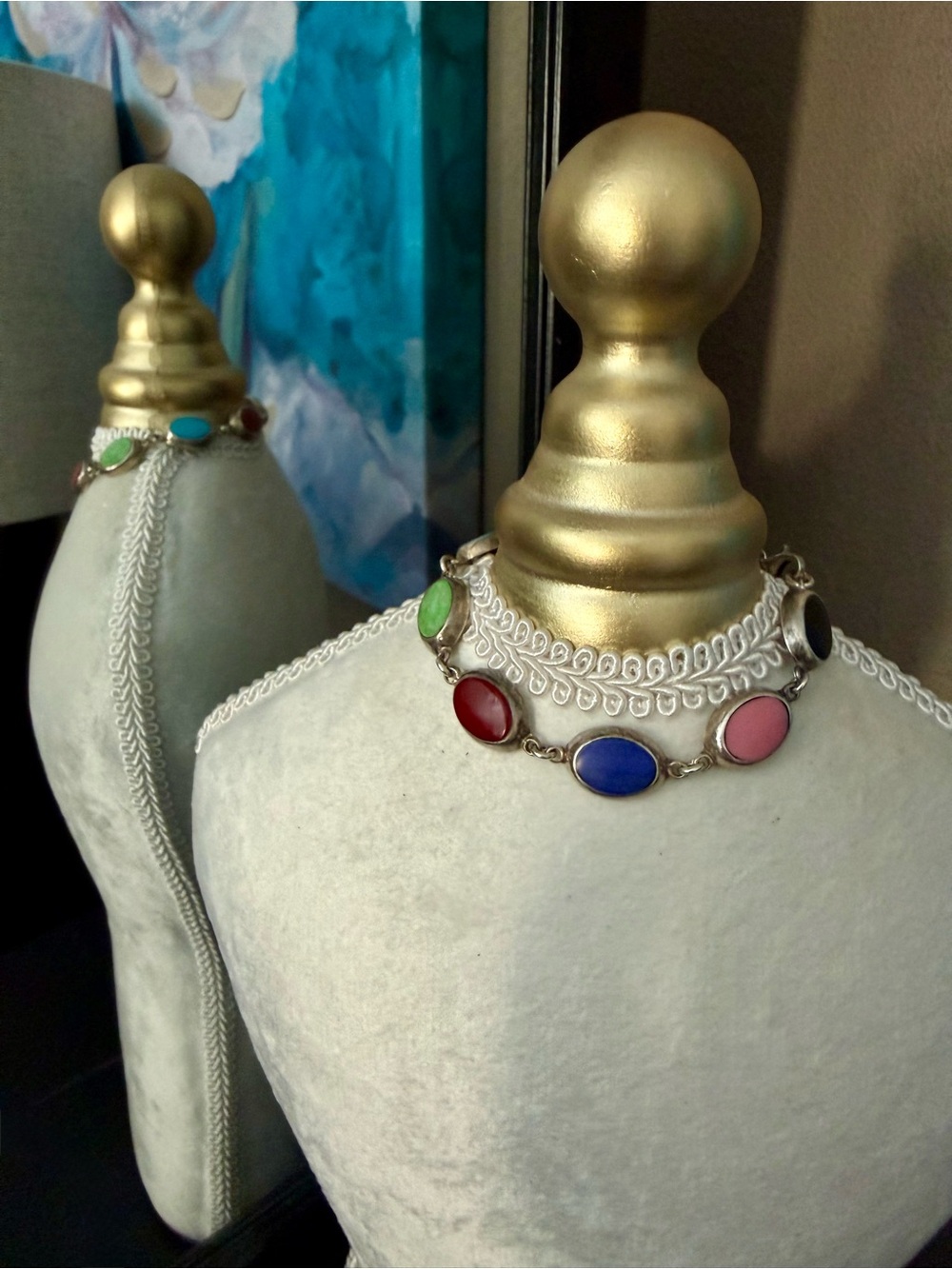 Vintage 925 SS Multicolor Oval GemStone Link Bracelet